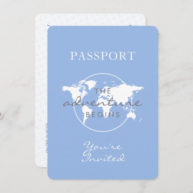 Invitación Tema de viaje de Baby Shower Passport Dusty Blue (Anverso / Reverso)