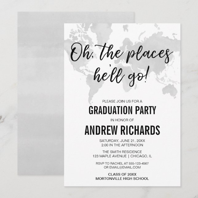Invitación Tema de viaje Oh los lugares donde irá a la gradua (Anverso / Reverso)