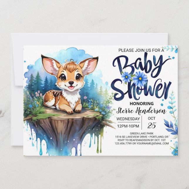 Invitación Tema de Woodland Baby Shower azul para Boy (Anverso)