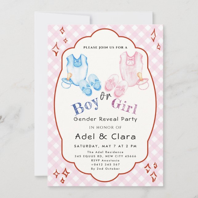 Invitación Tema de Zapatos de Bebé Rosa y Azul (Anverso)