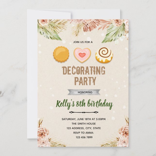 invitación tema decoración galletas boho (Anverso)