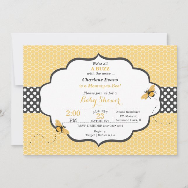 Invitación Tema del abee Honeycomb Oro y Polka Gris (Anverso)