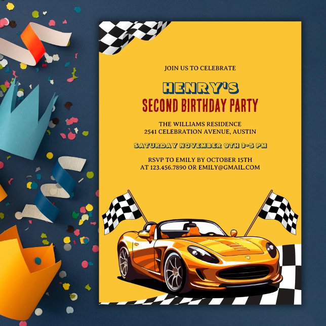 Invitación Tema del auto Race Amarillo Niño Fiesta de cumplea (Yellow Race Car Theme Boy 2nd Birthday Party Invitation)