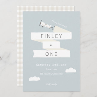 Invitación Tema del avión antiguo Primer cumpleaños Gingham