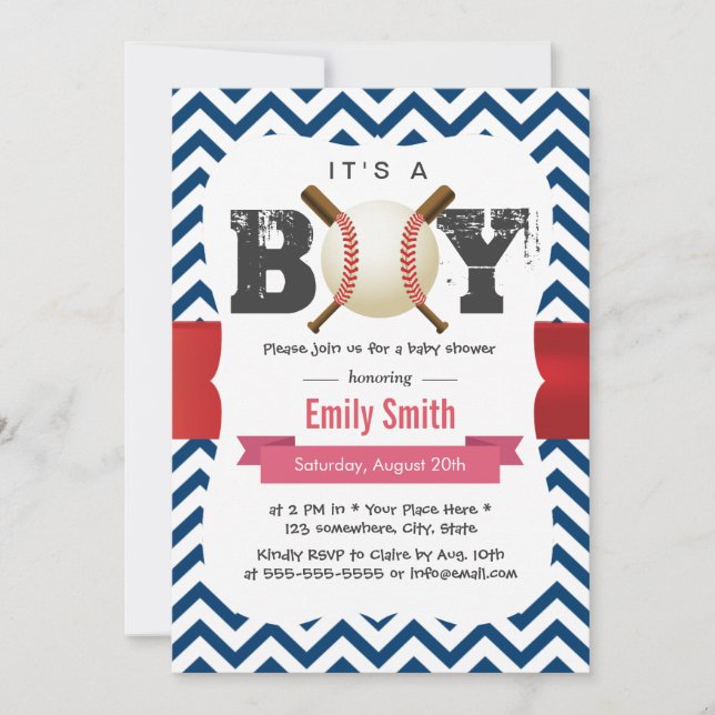 Invitación Tema del béisbol Chevron Azul es un niño Baby Show (Anverso)