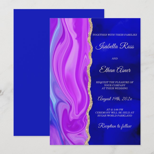 Invitación Tema del Boda azul real y morado (Anverso / Reverso)