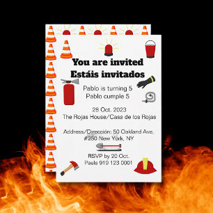 Invitación Tema del bombero Fiesta bilingüe de cumpleaños