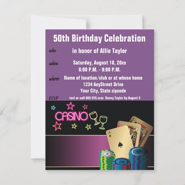Invitación Tema del Casino 50 celebración del cumpleaños púrp (Anverso)