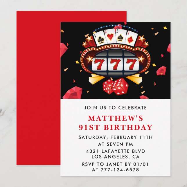 Invitación Tema del Casino Red Dice Roulette Poker 91º cumple (Anverso / Reverso)