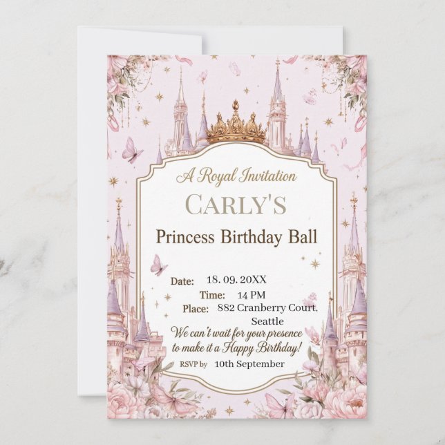 Invitación Tema del Castillo de la Princesa Baile de Cumpleañ (Anverso)