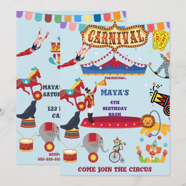 Invitación Tema del circo de carnaval Niños Cumpleaños (Anverso / Reverso)