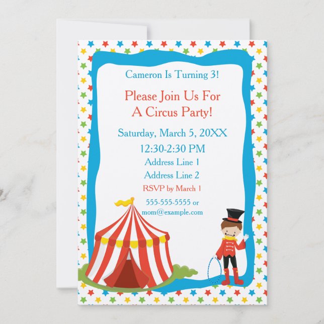 Invitación Tema del circo| Tienda circular| Fiesta de circo (Anverso)