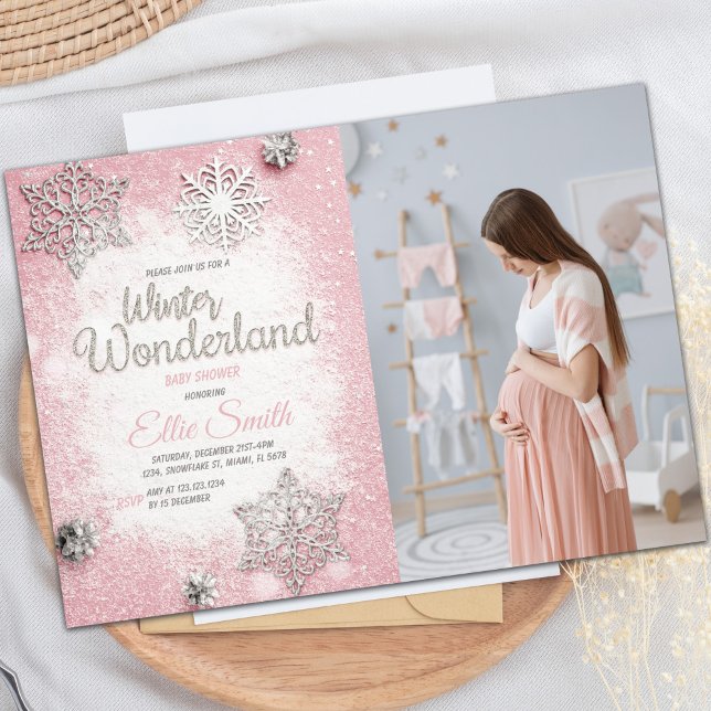 Invitación Tema del copo de nieve para niña (Pink Silver Glitter Winter Baby Shower Invitations)