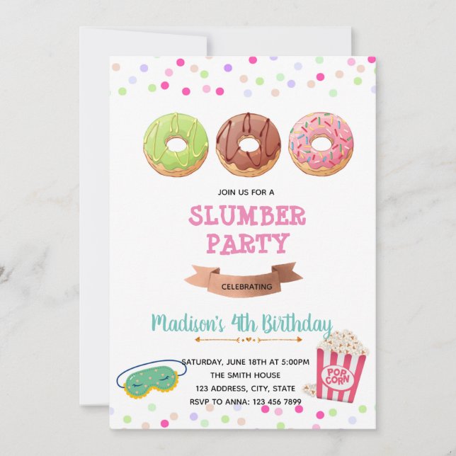 Invitación Tema del cumpleaños de Donut Pajamas (Anverso)
