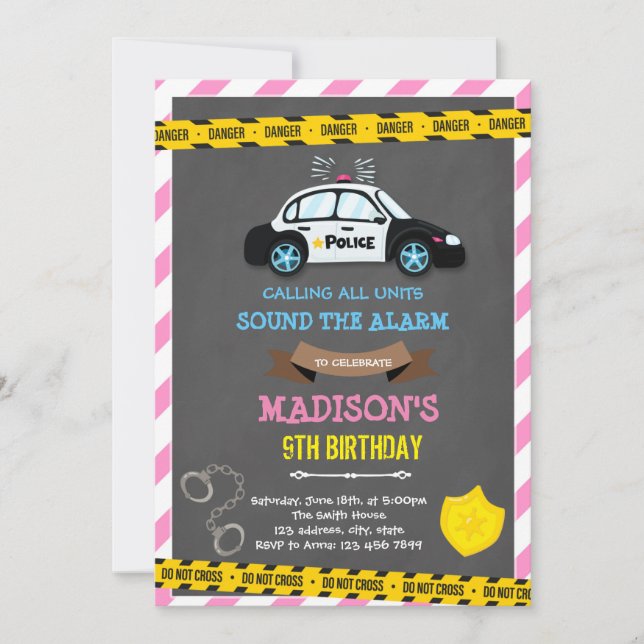 Invitación Tema del cumpleaños de la policía Chica (Anverso)