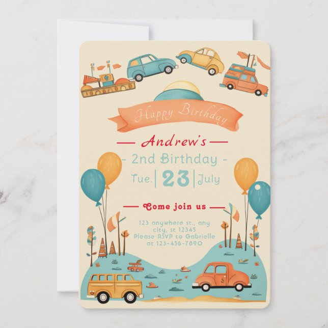 Invitación Tema del cumpleaños de los niños del automóvil Inv (Anverso)