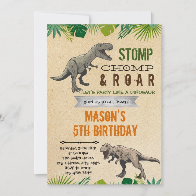 Invitación Tema del cumpleaños de los niños dinosaurios (Anverso)