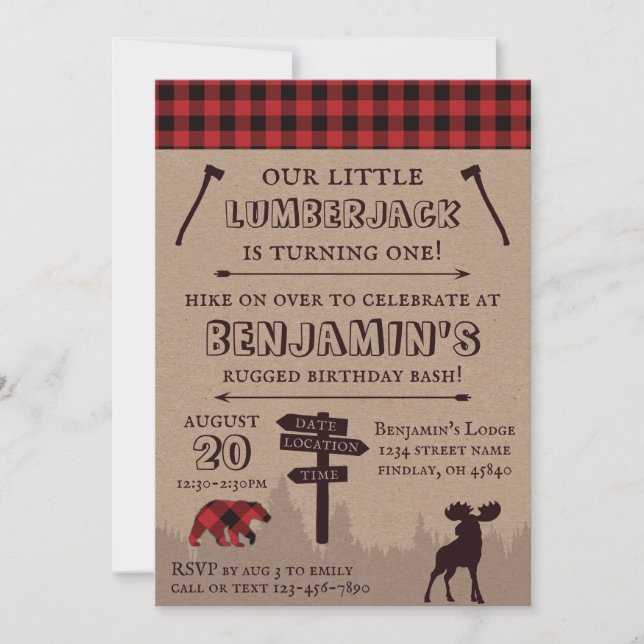 Invitación Tema del cumpleaños de Rustic Buffalo Plaid Lumber (Anverso)