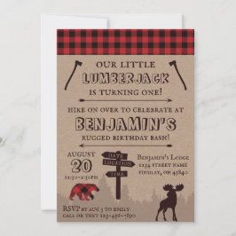Invitación Tema del cumpleaños de Rustic Buffalo Plaid Lumber