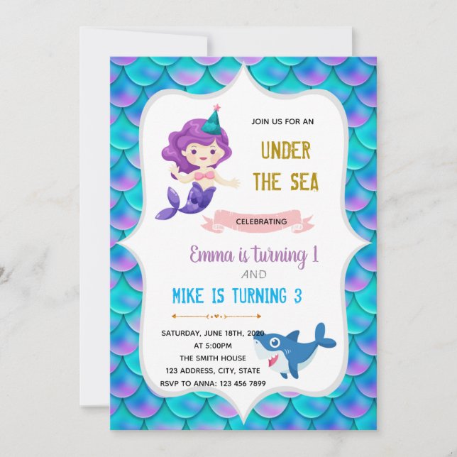 Invitación Tema del cumpleaños de sirena y tiburón (Anverso)