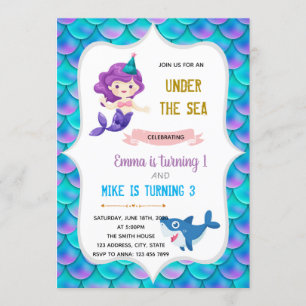 Invitación Tema del cumpleaños de sirena y tiburón