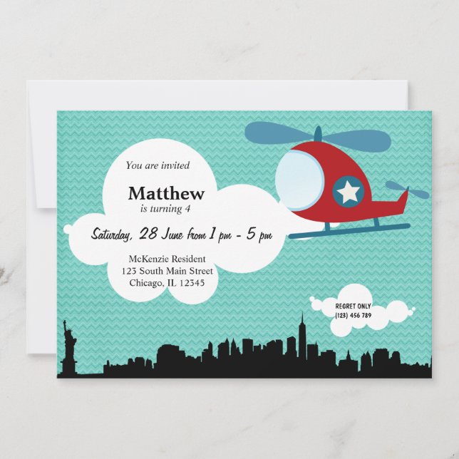 Invitación Tema del cumpleaños del helicóptero (azul) (Anverso)