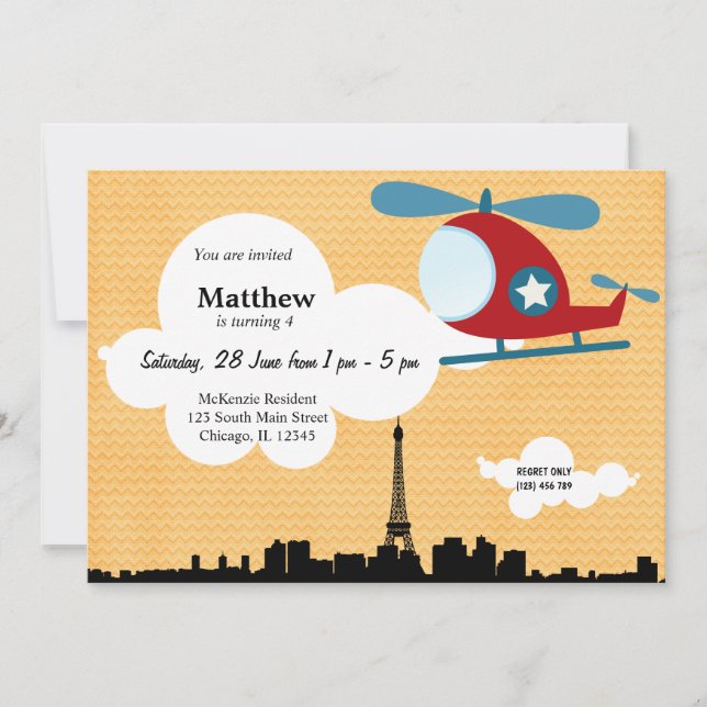 Invitación Tema del cumpleaños del helicóptero (Naranja) (Anverso)