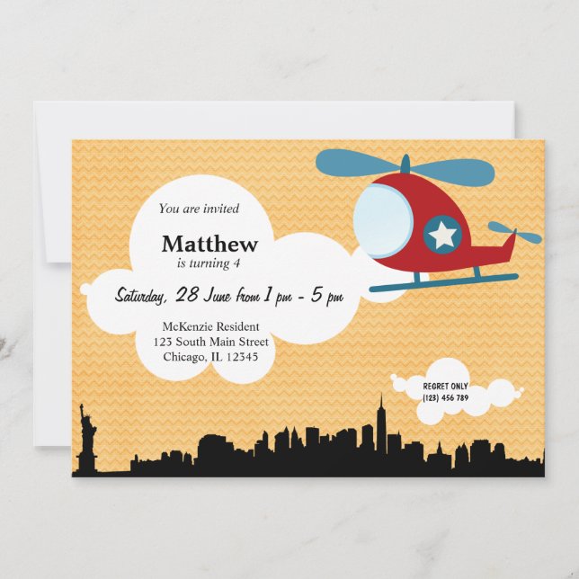 Invitación Tema del cumpleaños del helicóptero (Naranja) (Anverso)