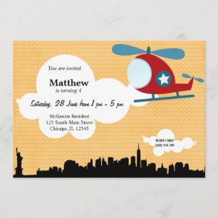 Invitación Tema del cumpleaños del helicóptero (Naranja)