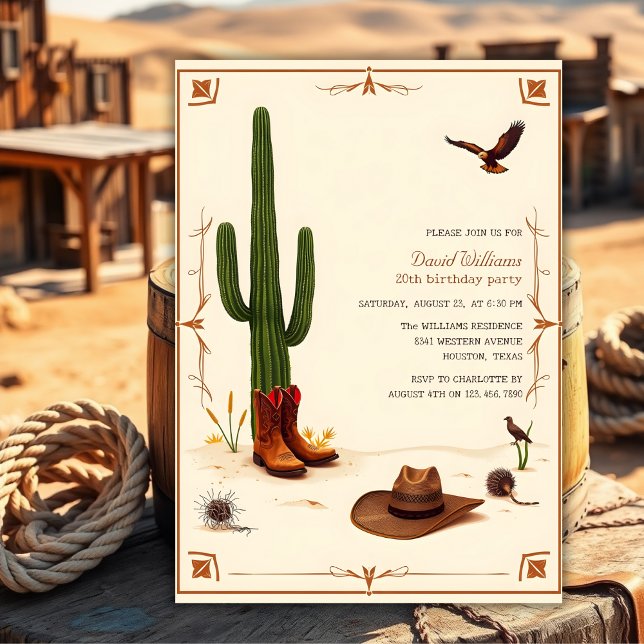 Invitación Tema del desierto del país Cumpleaños de Cowboy Oc (Country Desert Theme Western Cowboy Birthday Invitation)