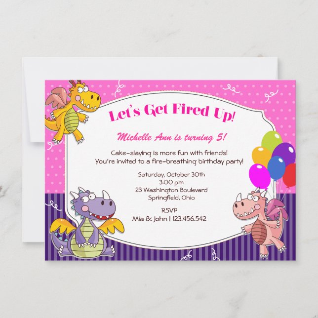 Invitación Tema del dragón para el cumpleaños del Chica (Anverso)