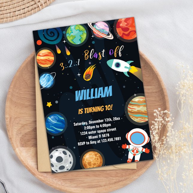 Invitación Tema del espacio ultraterrestre divertido para los (Blast Off Rocket Outer Space Birthday Invitations)
