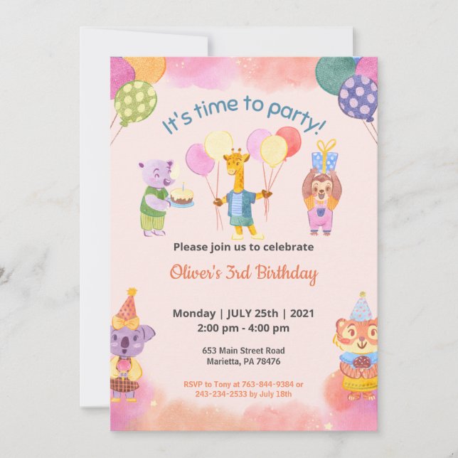 Invitación Tema del Fiesta de cumpleaños para niños (Anverso)