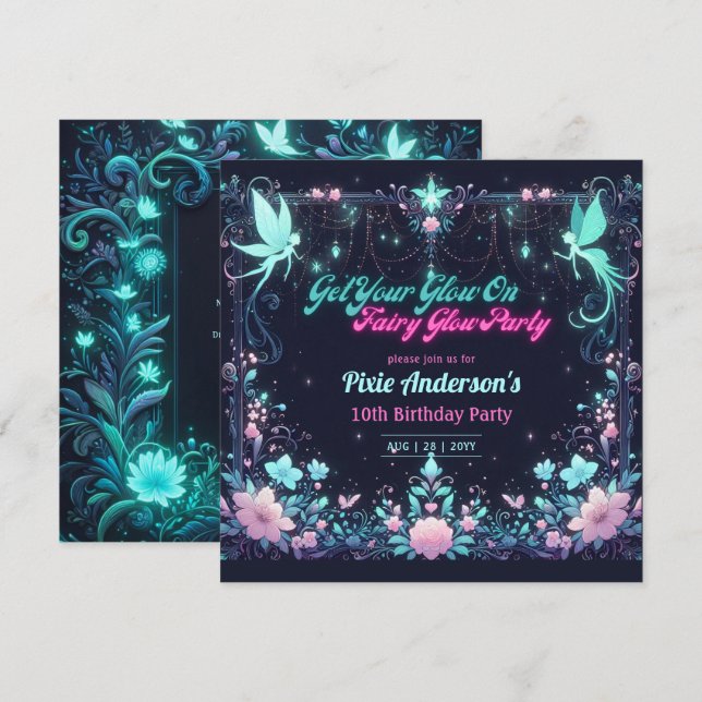 Invitación Tema del Fiesta de hadas brillantes - cuento de ha (Anverso / Reverso)