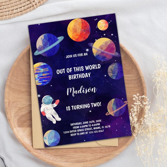 Invitación Tema del Fiesta del espacio ultraterrestre para lo (Purple Planets Galaxy Invitations)