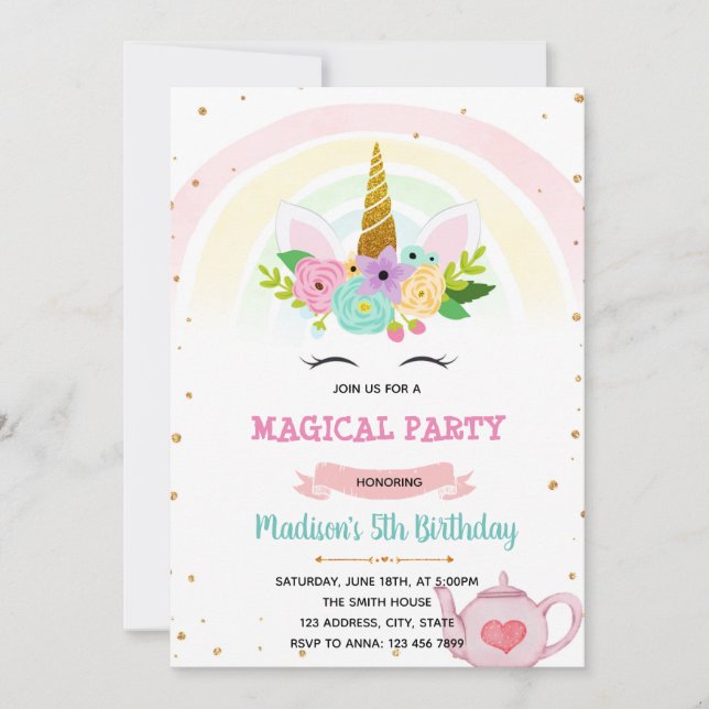 Invitación Tema del fiesta del té de Unicorn (Anverso)
