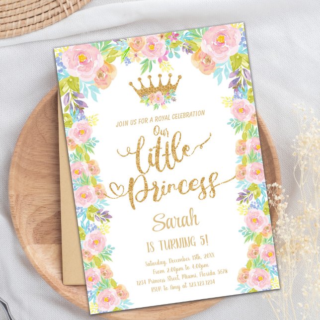 Invitación Tema del Fiesta Real Rosa Floral para Chicas (Glitter Crown Floral Princess Birthday Invitation)