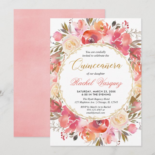 Invitación Tema del jardín de oro rosa coral Quinceanera (Anverso / Reverso)