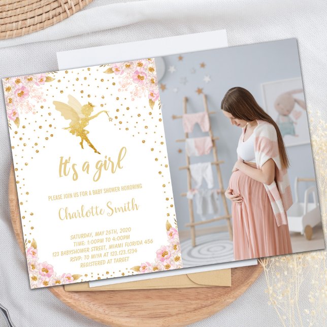 Invitación Tema del jardín encantado para Chicas (Photo Fairy Floral Baby Shower Invitations)