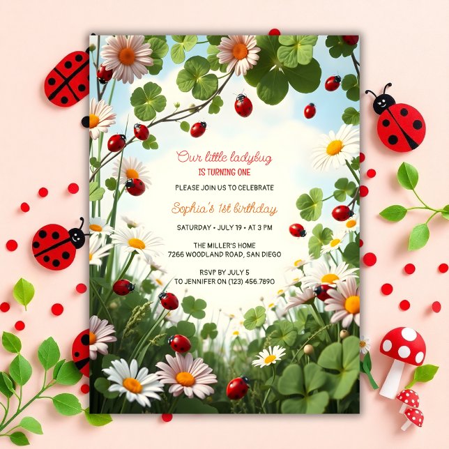 Invitación Tema del jardín Niña Ladybug Primer cumpleaños (Ladybug 1st Birthday Invitation – Garden Theme Party Invite for Baby Girl)