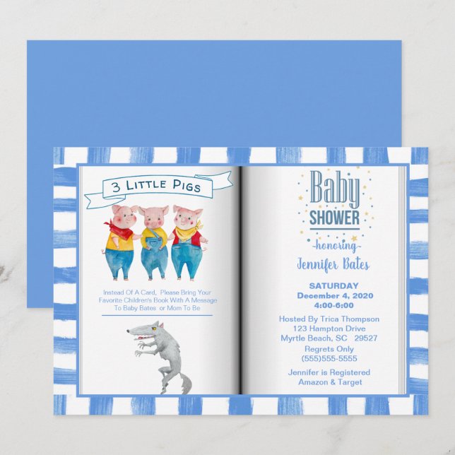 Invitación Tema del libro tres Cerditos Baby Shower azul (Anverso / Reverso)
