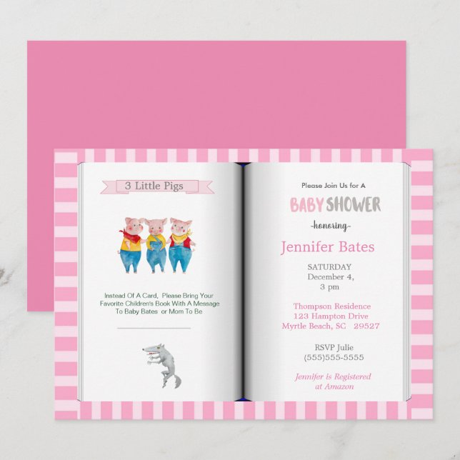 Invitación Tema del libro tres Cerditos Baby Shower rosa (Anverso / Reverso)