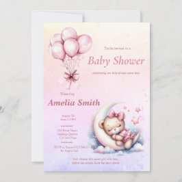 Invitación Tema del Oso Bebé Dulce de Luna Rosa