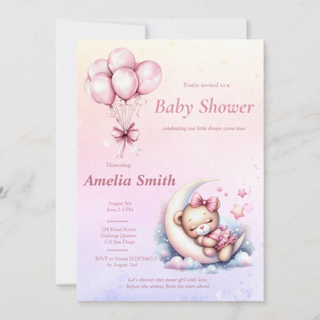 Invitación Tema del Oso Bebé Dulce de Luna Rosa (Anverso)