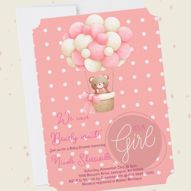 Invitación Tema Del Oso Peach Peach Hot Air Balloon Baby Show (Bear Theme Pink Peach Hot Air Balloon Baby Shower Theme)