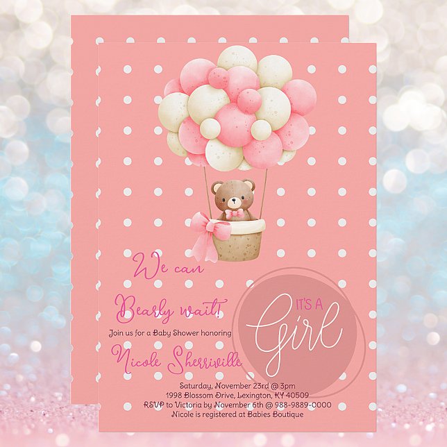 Invitación Tema Del Oso Peach Peach Hot Air Balloon Baby Show (Whimsical Hot Air Balloon Polka Dot Teddy Bear We Can Bearly Wait Baby Shower It's A Girl Invite)
