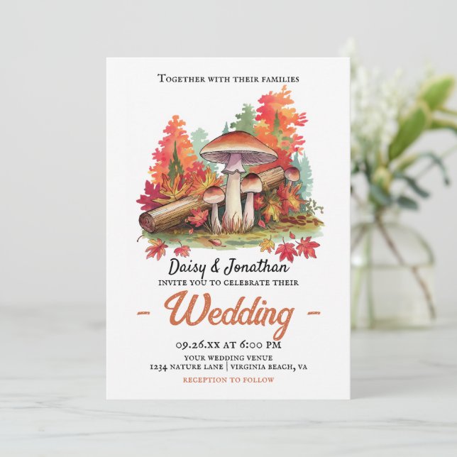 Invitación Tema del otoño con boda de acuarela de hongos (Anverso de pie)
