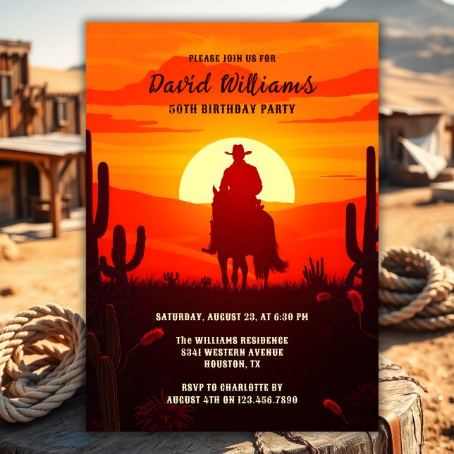 Invitación Tema del país Cowboy Occidental 50 cumpleaños (Country Theme Western Cowboy 50th Birthday Party Invitation)