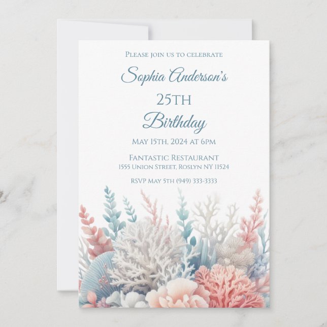 Invitación Tema del Pastel Coral Reef-Beach - Cumpleaños (Anverso)