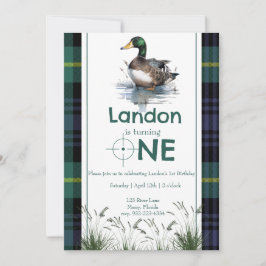 Invitación Tema del pato Primer cumpleaños Hunter plaid verde